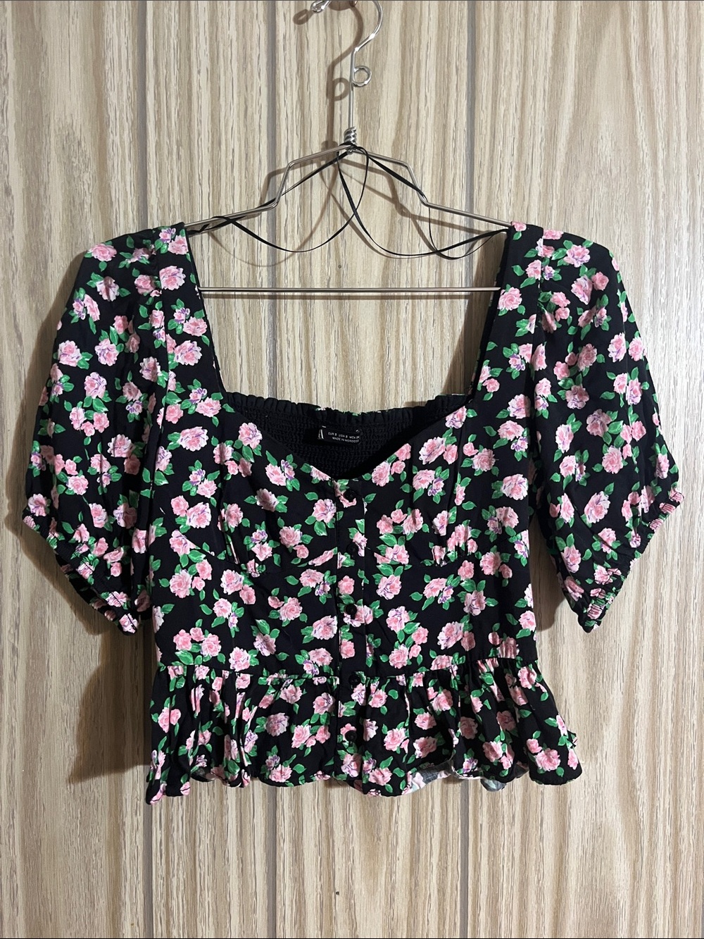 Zara Black Crop Top with Pink Floral Print